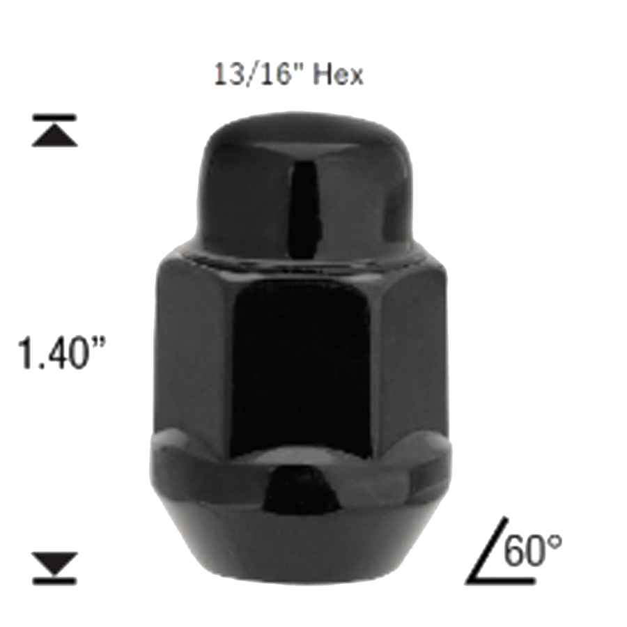 14mm x 1.50 Bulge Acorn Lug Nut Black 50/Box - Passenger Lug Nuts and Acc